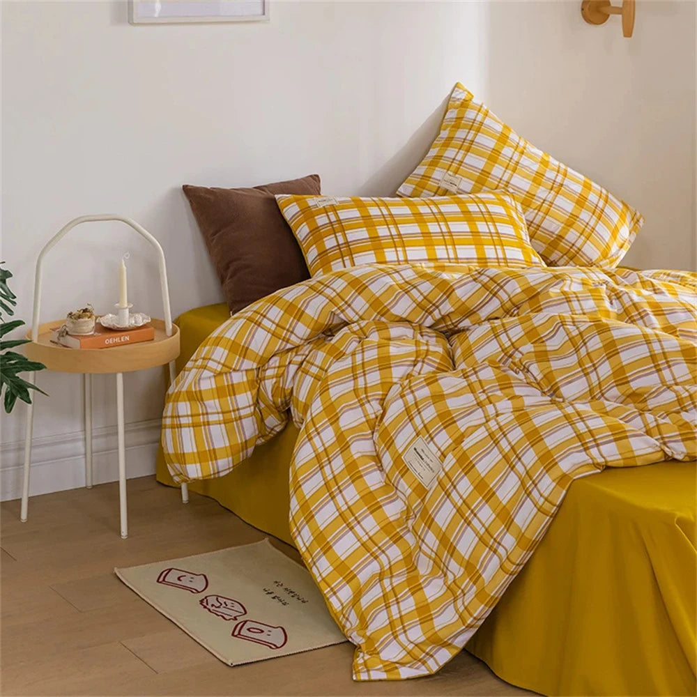 OKLULU  -  Japan Style Bedding Set Plaid Queen Size Duvet Cover Set With Sheets Bedroom Decor Skin Friendly King Single Double Bedding Sets