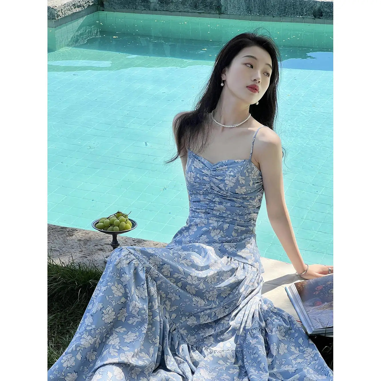 OKLULU  -  Blue Floral Suspender Dress Women's 2024 Summer New Holiday Female French Backless Long ElegAnd Party Korean Fashion Dresses.