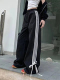 OKLULU  -  Sports Stripe Baggy Pants Women Y2k Fashion Cutecore Bow Straight Wide Leg Sweatpants Streetwear Korean Causal Joggers