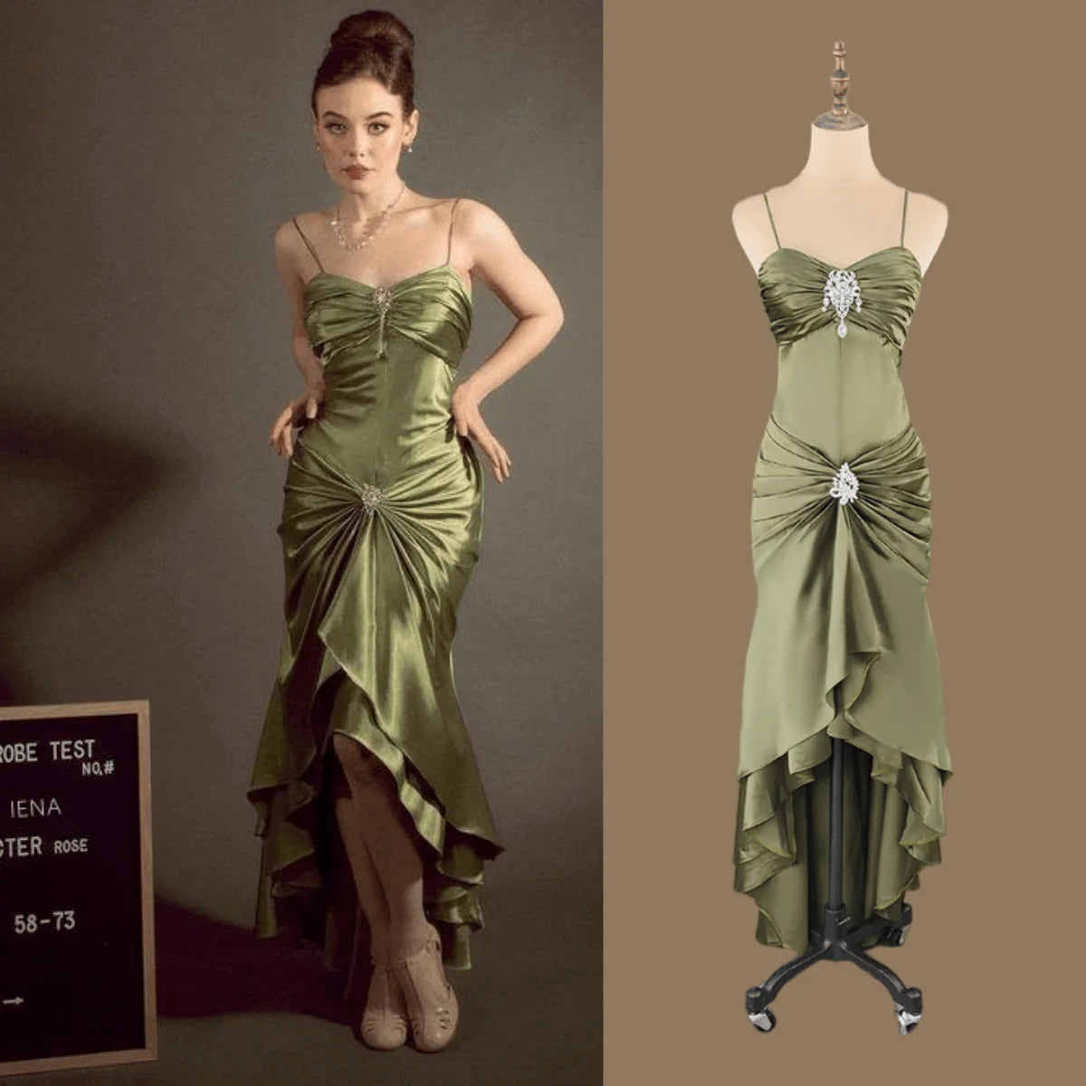 Oklulu Elegant Vintage Olive Green Prom Party Gown Celebrity Dresses Sweetheart Crystal Button Pleat Taffeta Satin Evening Dress