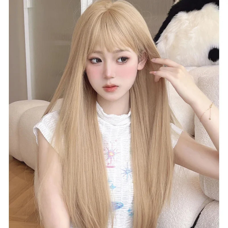 OKLULU  -  Long Silky Straight Synthetic wig with bangs White gold color Cosplay Party Lolita Wigs for Women Natural Heat Resistant Wig