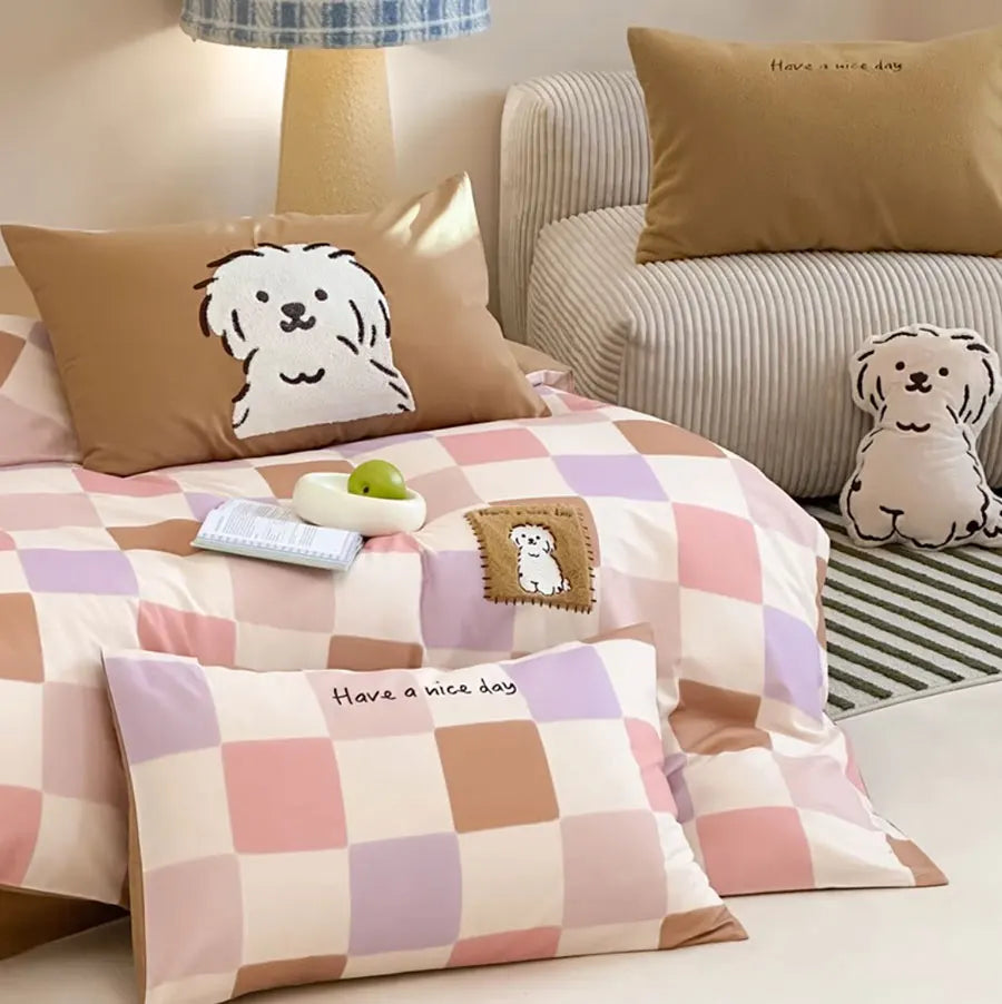 OKLULU  -  Fashion cute embroidery dog plaid bedding set kid,full queen king lovely cotton home textile bed sheet pillow case duvet cover