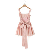 Oklulu   Women Sweet Tie Bow Sashes Sexy Backless Dress Waist Spliced Pleated Swing Party Mini Robe