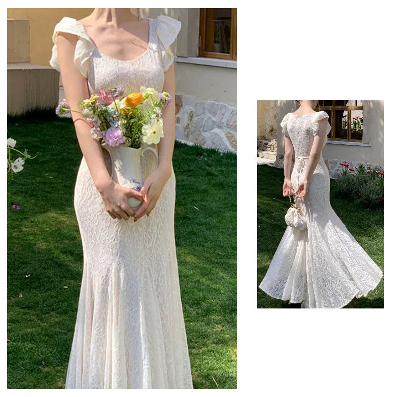 OKLULU  -  Summer Fashion Beautiful Palace Style Dress For Women New Heavy Industry Lace Waist White Texture Fishtail Long Evening Dresses.