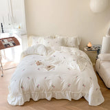 Oklulu 3pcs Rose Embroidered Duvet Cover Set (1*Duvet Cover + 2*Pillowcase, Without Core), Princess Style Lace Bedding Set