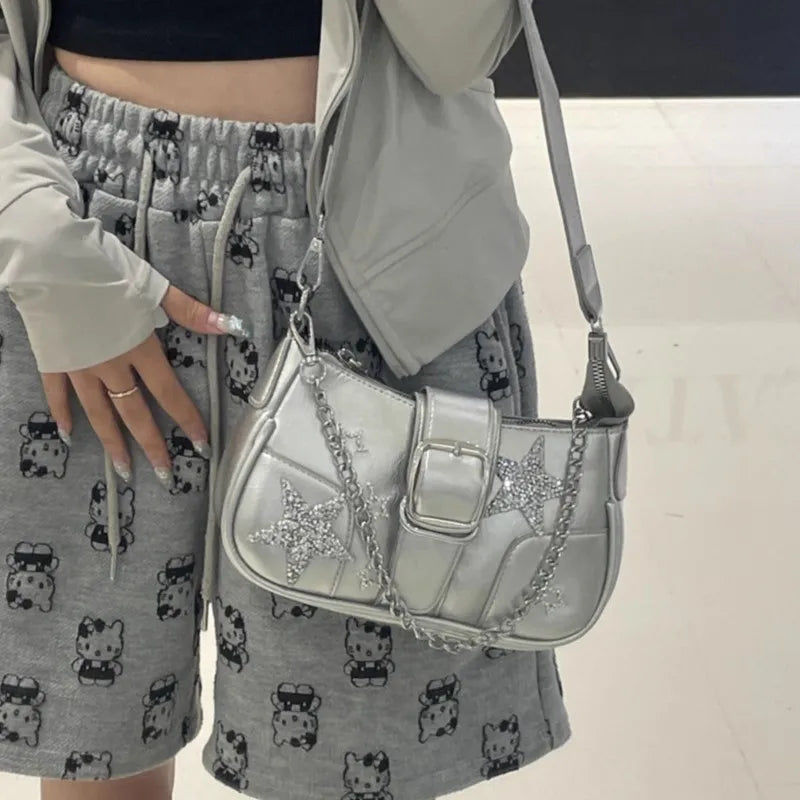 OKLULU  -  Harajuku Silver Underarm Bag Women Hot Girls Star Chain Leather Y2k Shoulder Bags Ladies Sweet Cool Handbag Aesthetic