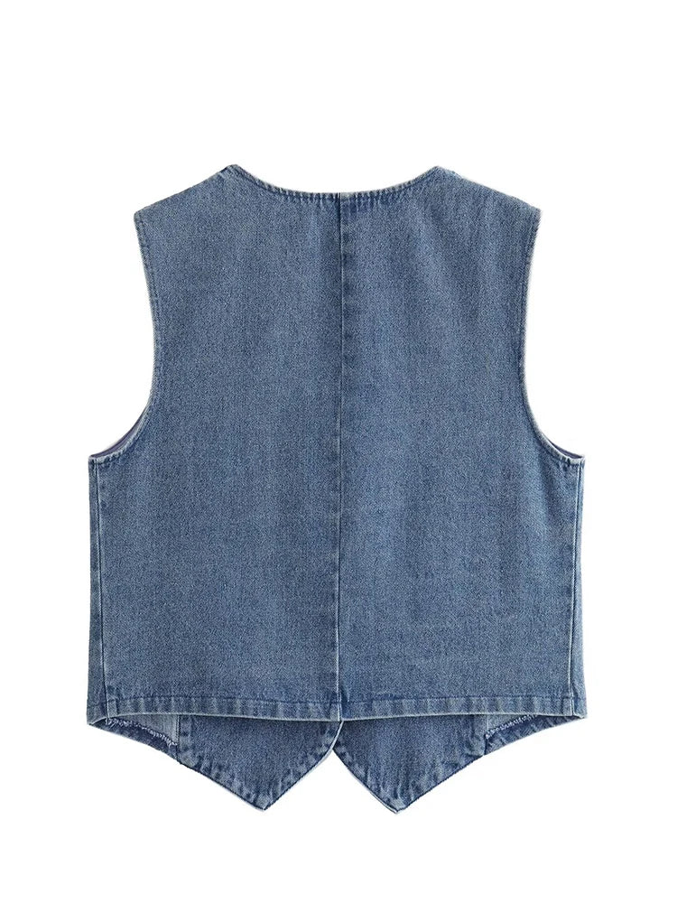 Oklulu   Women Blue Denim Waistcoat Sexy Sleeveless Single Breasted Female  Summer Vest Top