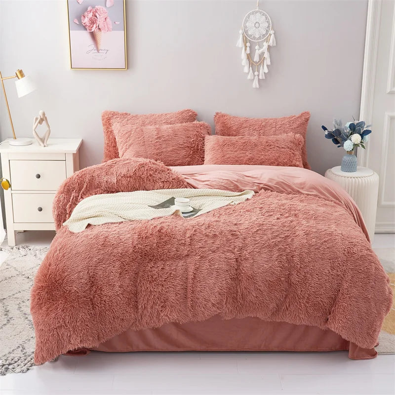 Shaggy Coral Fleece Cozy Princess Bedding Set Mink Velvet Gradient Quilt/Duvet Cover Set Bed Comforter Cover Blanket Pillowcas