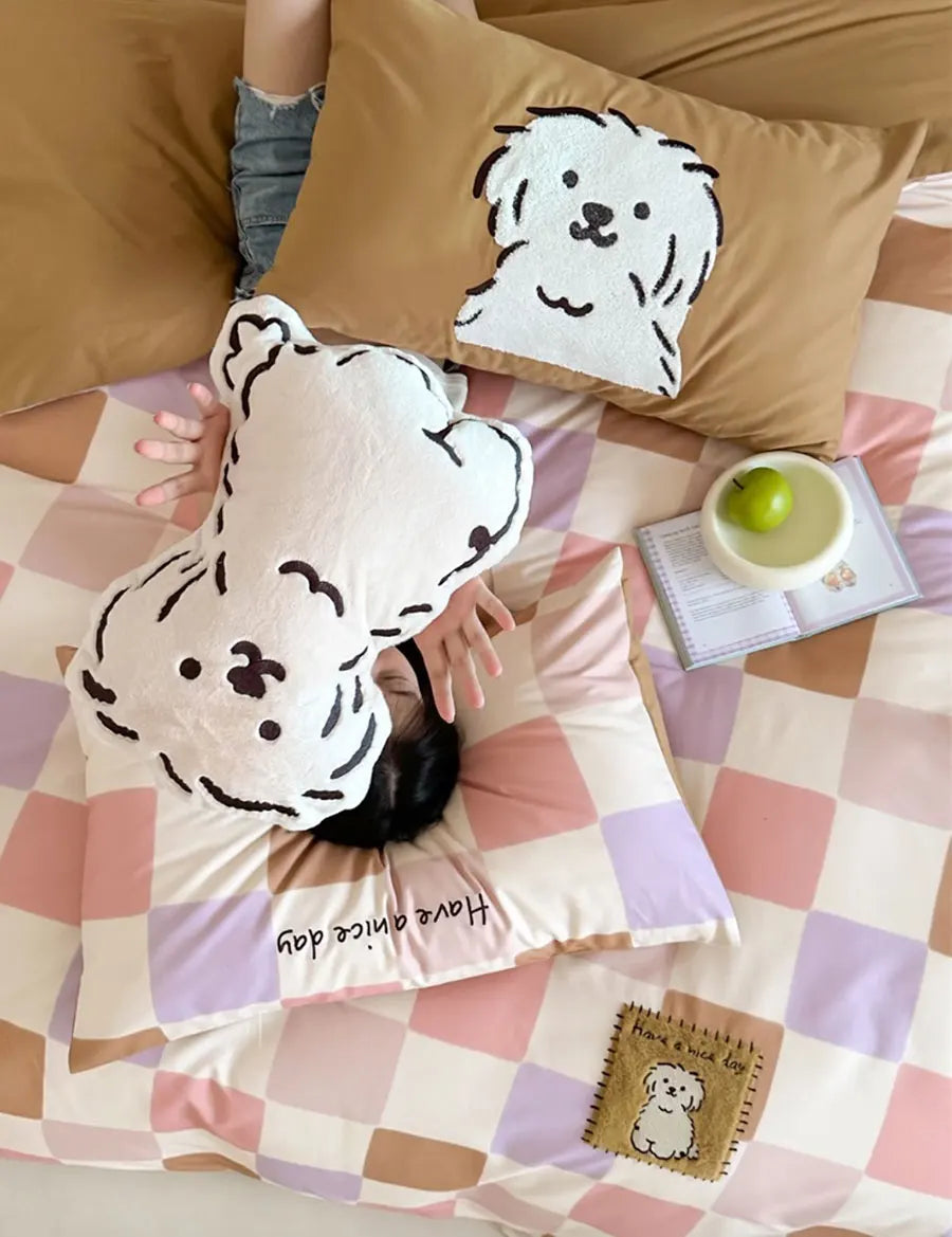 OKLULU  -  Fashion cute embroidery dog plaid bedding set kid,full queen king lovely cotton home textile bed sheet pillow case duvet cover