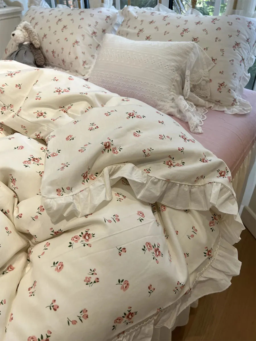 OKLULU  -   Cute Vintage Flower Bed Set Girl,kawaii Sweet Floral Cotton Twin Full Queen King Home Textile Flat Sheet Pillow Case Quilt Cover