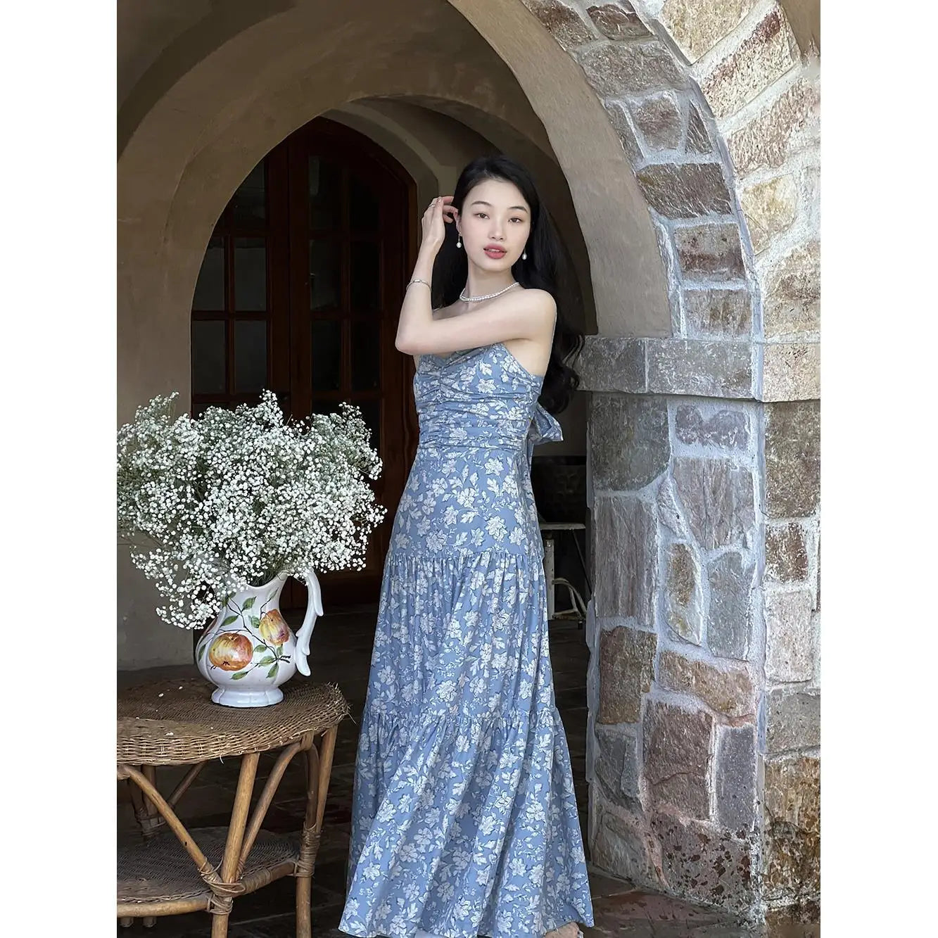 OKLULU  -  Blue Floral Suspender Dress Women's 2024 Summer New Holiday Female French Backless Long ElegAnd Party Korean Fashion Dresses.