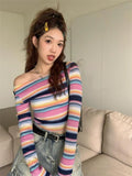 OKLULU  -  Long Sleeve Striped Sweater Off Shoulder Jumpers for Women 2023 Kawaii Pullover Y2k Korean Style Sweet Girls Top Fashion