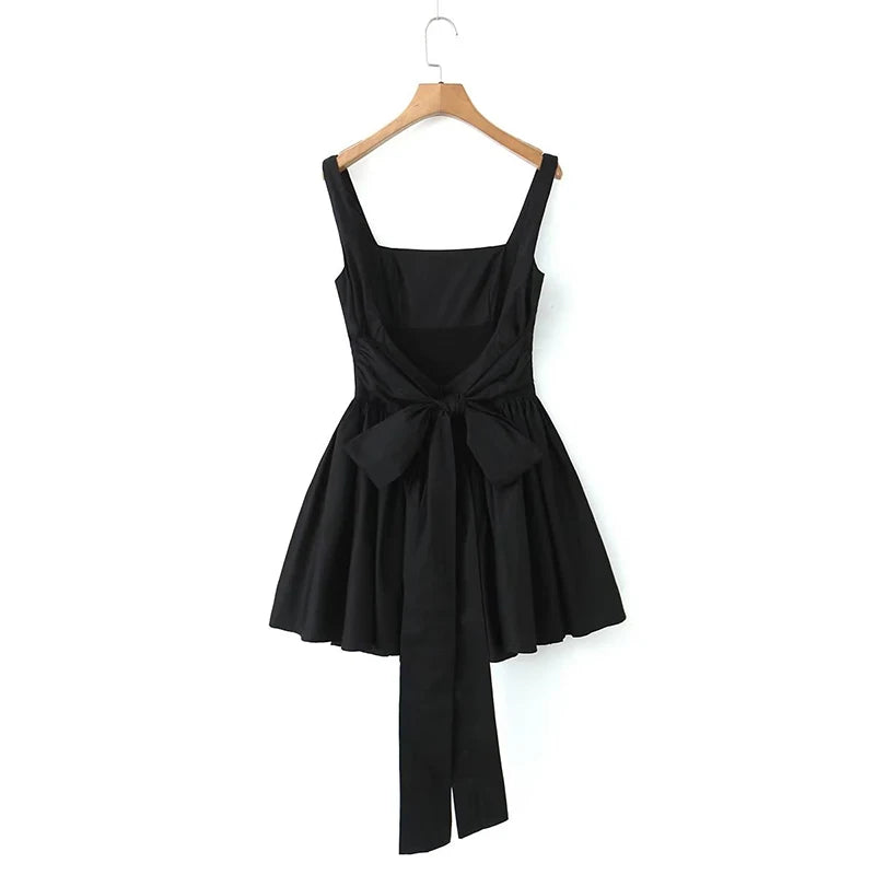 Oklulu   Women Sweet Tie Bow Sashes Sexy Backless Dress Waist Spliced Pleated Swing Party Mini Robe