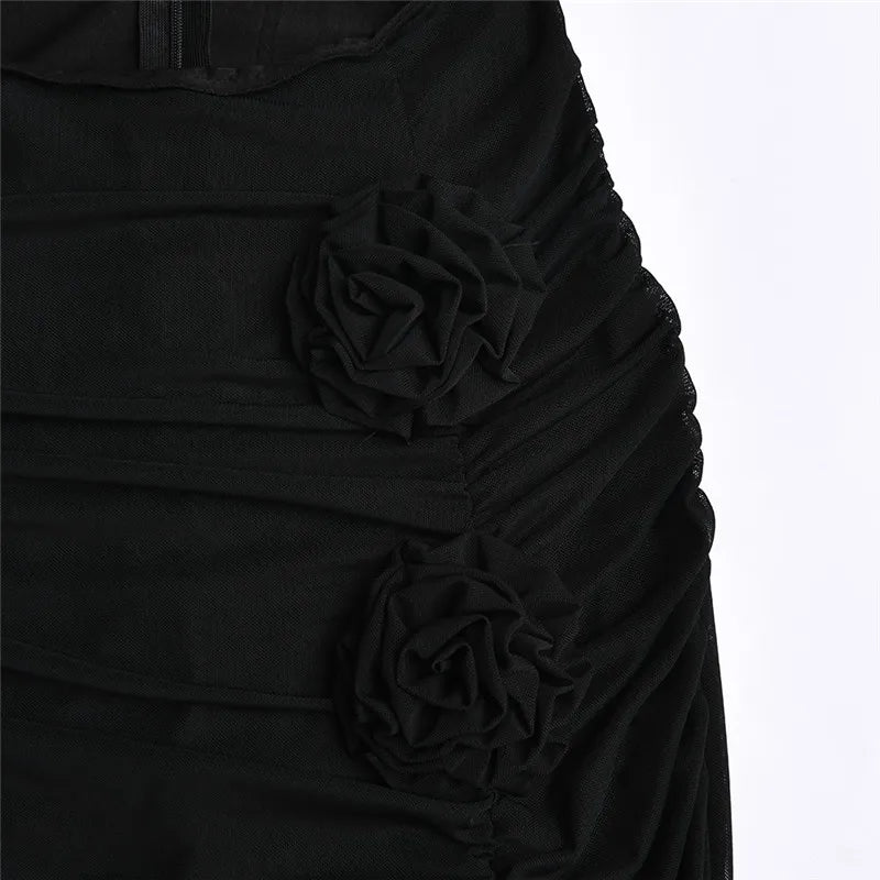 Sexy Strapless Flower Mesh Women Dress Black Hollow Out Ruched Maxi Dress Autumn Woman Elegant Party Club