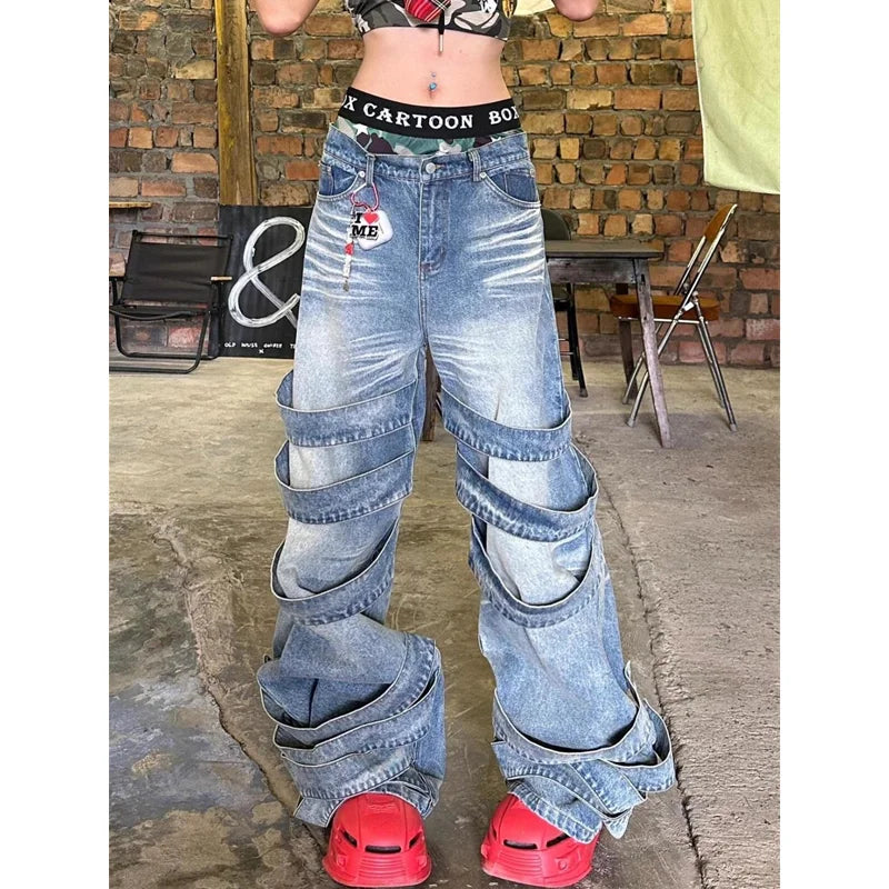 OKLULU  -  High Waisted Blue Women's Jeans Fashion Streetwear Casual Vintage Baggy Straight 2024 Hip Hop Denim Trouser Mom Wide Leg Pants