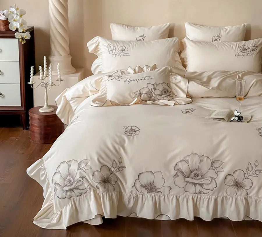 OKLULU  -  French embroidery flower bedding set,full queen king fairyfair ruffled cotton home textile bed sheet pillow case quilt cover