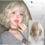 OKLULU  -  Blonde Short Curly Bob Synthetic Wigs with Bangs Platium Golden Lolita Cosplay wigs for Women Daily Party Heat Resistant