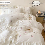 Oklulu 3pcs Rose Embroidered Duvet Cover Set (1*Duvet Cover + 2*Pillowcase, Without Core), Princess Style Lace Bedding Set