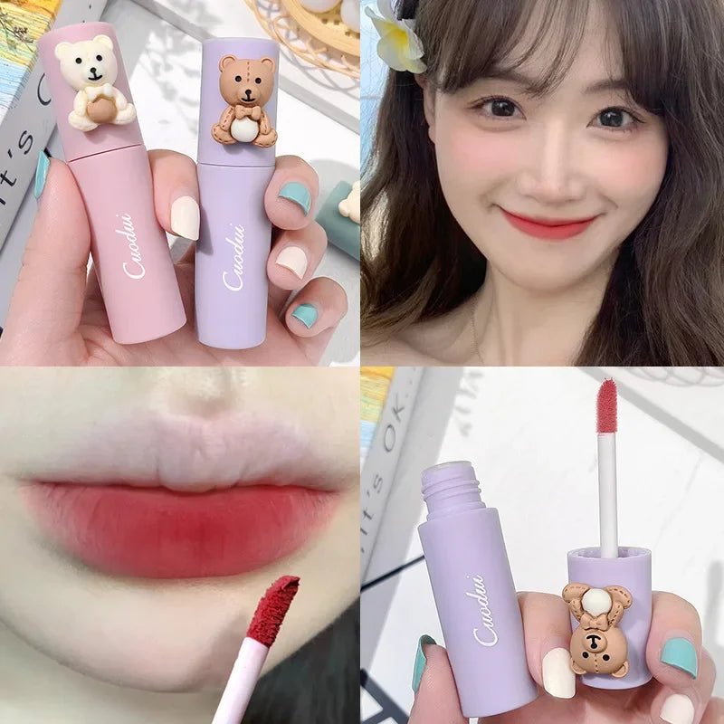 Oklulu  Girl's Velvet Matte Lipstick Blush Waterproof Long Lasting Cute Bear Lipgloss Non-Stick Cup Makeup Lip Tint Mud Cosmetic