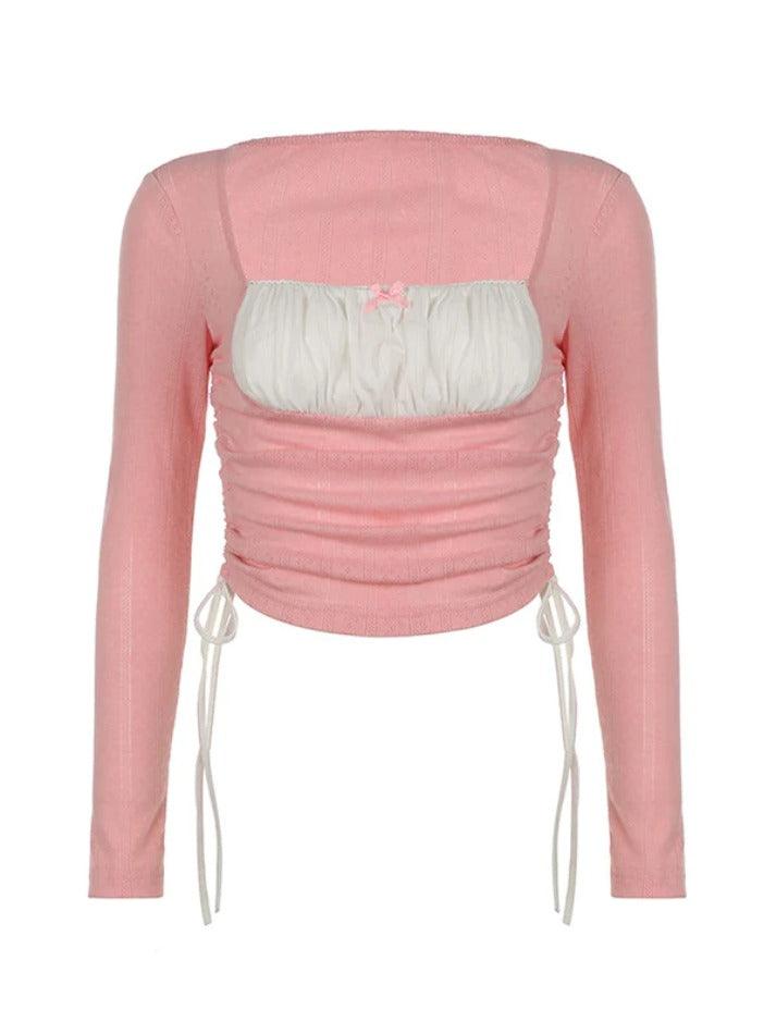 Square Neck Contrast Color Splice Drawstring Long Sleeve Knit