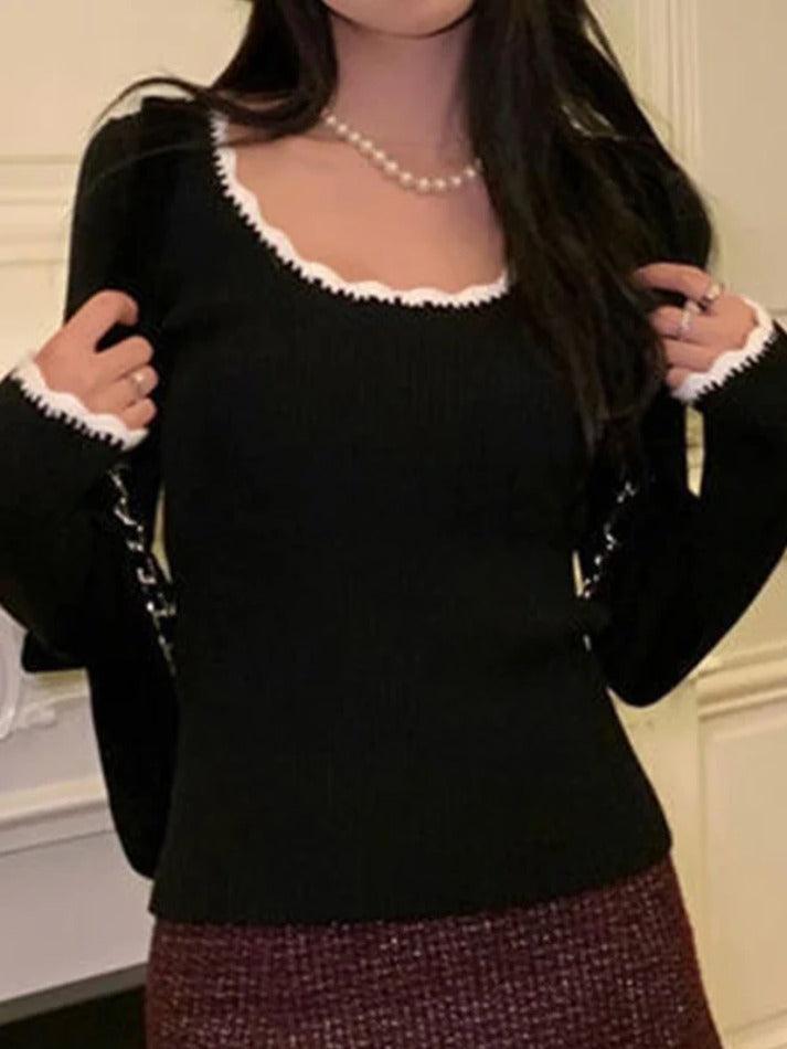 Contrast Color Trim Slim Long Sleeve Knit