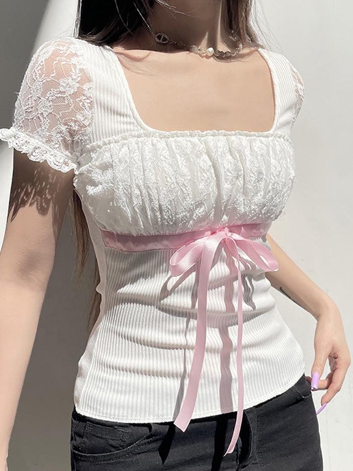 Bow Lace Patchwork Bubble Sleeve Top