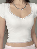 Bow Accent Lace-Trim Plain Slim-Fit Crop Top