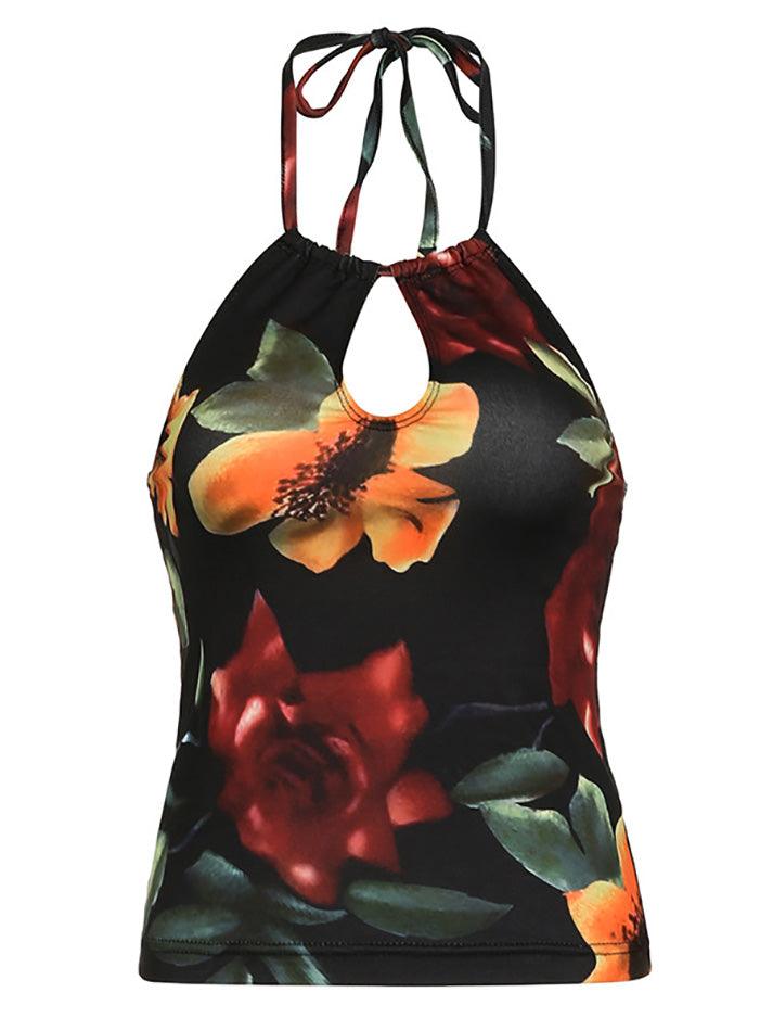 Halter-Neck Floral Print Cut-Out Slim-Fit Crop Cami Top