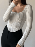 Asymmetric Creped White Long Sleeve Crop Top