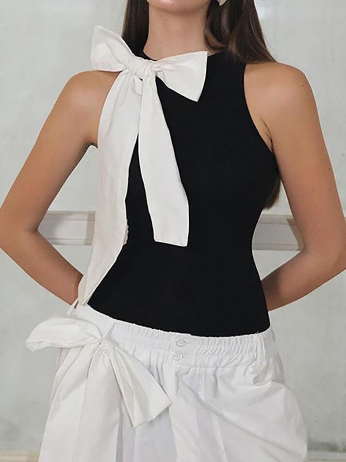 Sleeveless Crew Neck Bow Accent Bodysuit Top