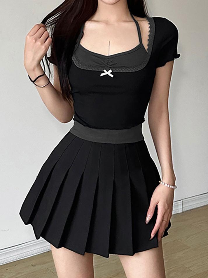 Contrast Color Bow Tie Up Two-Piece Top