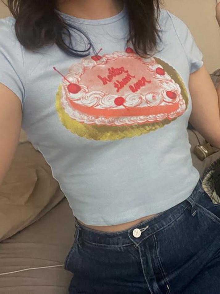 Short Sleeve Cake Print Slim-Fit Crop Top