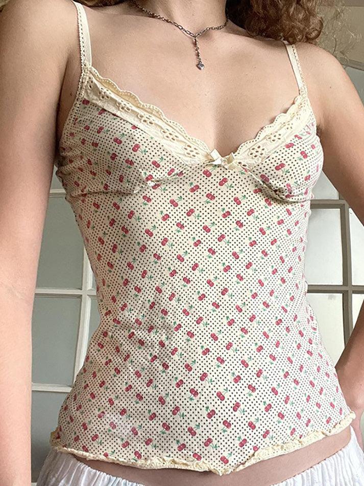 Cherry Print Bow Embellished Lace Tank Top