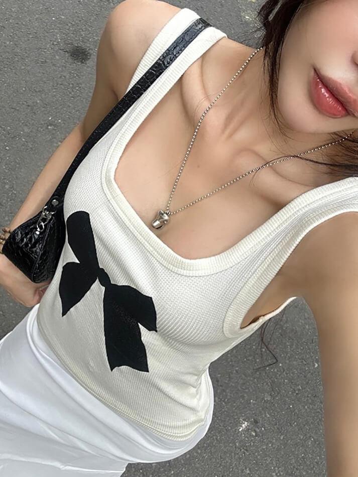 Bow Print Ribbed Tank Top