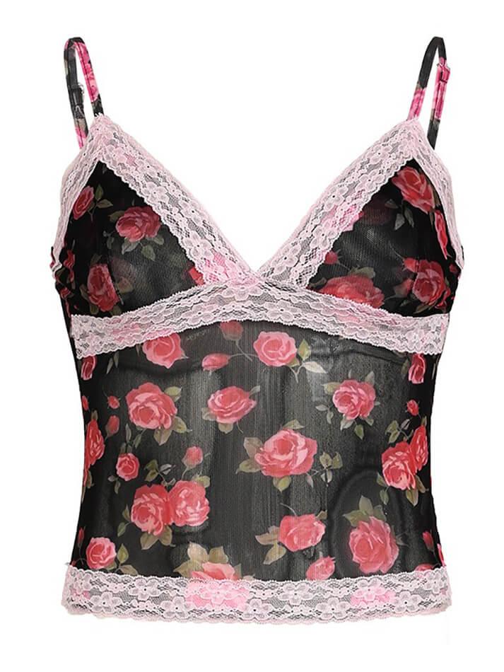 Rose Printed Lace Patchwork Mesh Cami Top