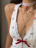 Ruffled Cherry Embroidery Halter Neck Top