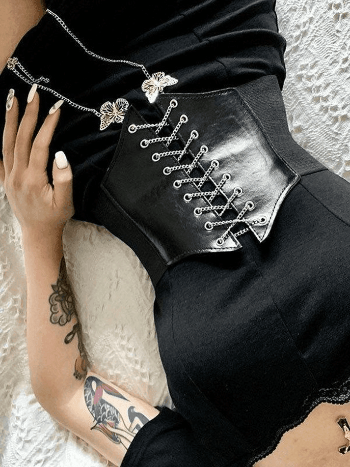 Butterfly Chain Strap Pu Leather Corset Top