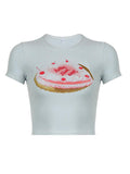 Short Sleeve Cake Print Slim-Fit Crop Top