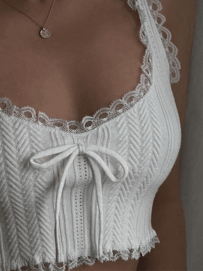 Cropped Lace Trim White Tank Top