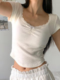 Lace Patchwork Bow V-Neck Short Sleeve Top