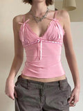 Lace Stitching Bow Pink Cami Top