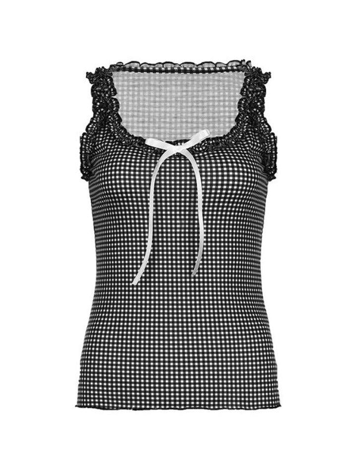 U Neck Fungus Bow Splice Plaid Print Tank Top