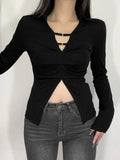 Solid V Neck Shirred Slit Long Sleeve Tee