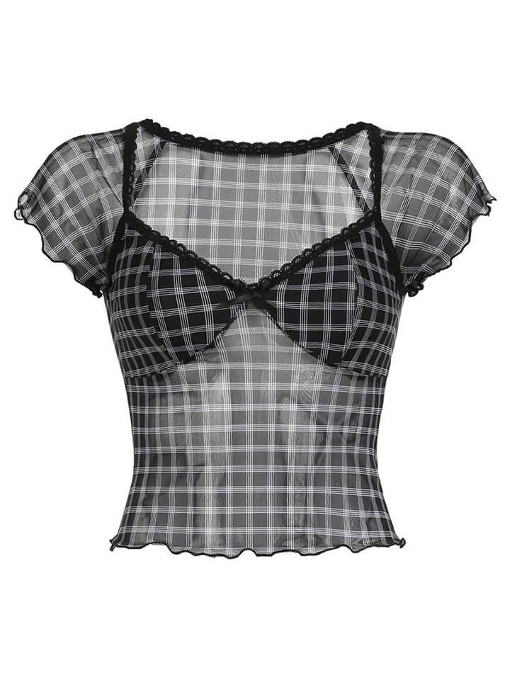 Vintage Plaid Mesh Ruffle Top