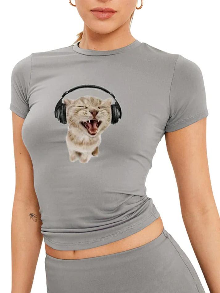 Cat Print Crew Neck Short Sleeve Tee