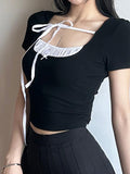 Contrast Stitching Short-Sleeved Square Collar Slim Top