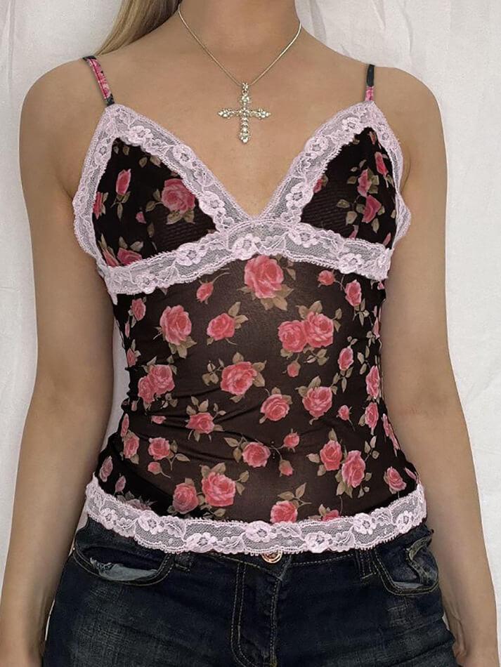 Rose Printed Lace Patchwork Mesh Cami Top