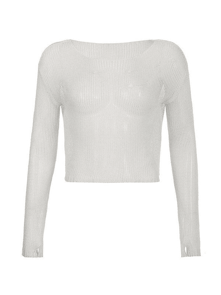 Distressed Crochet Knit Long Sleeve Crop Top