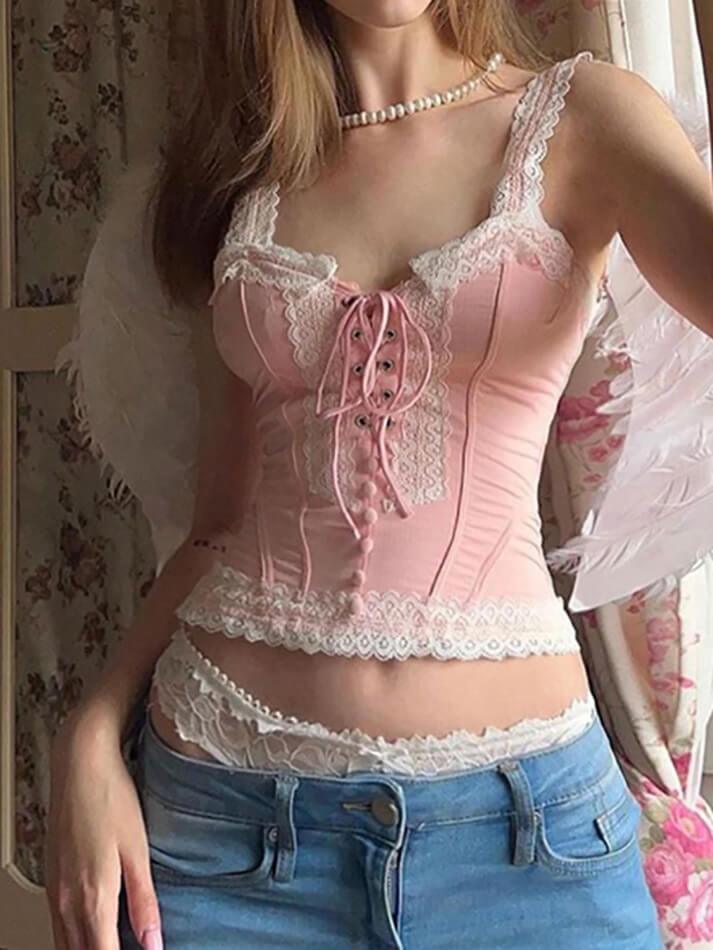 Lace Patchwork Tie Fitting Tank Top