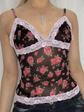 Rose Printed Lace Patchwork Mesh Cami Top